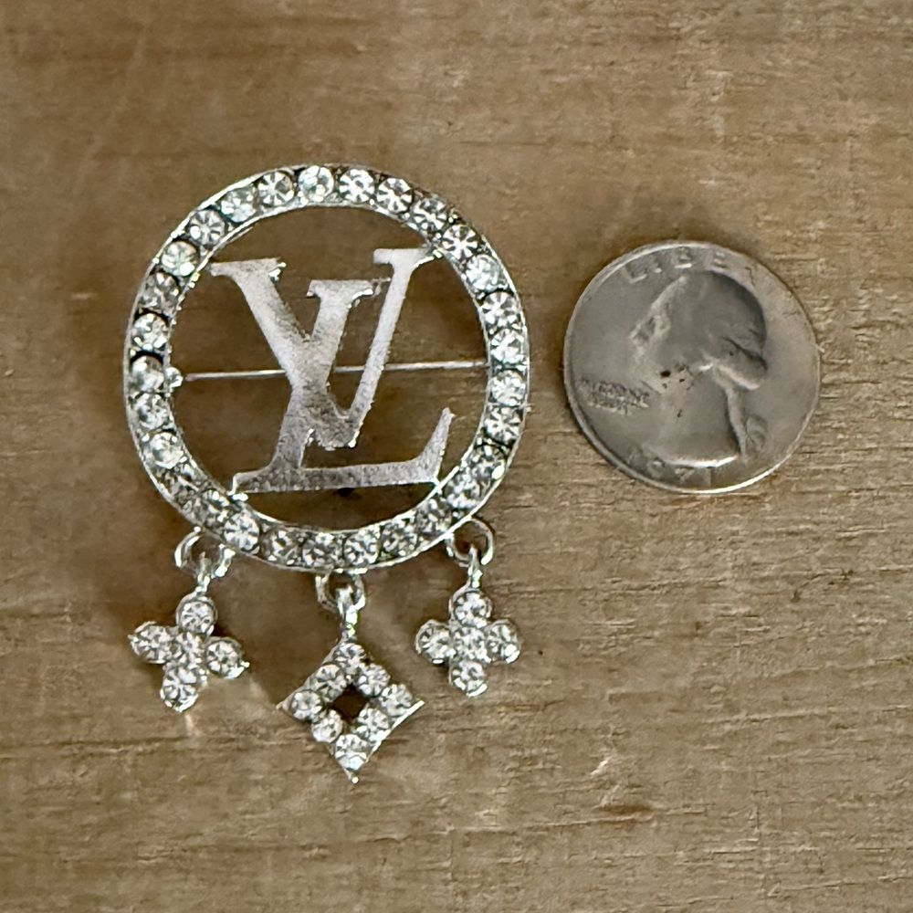 Silver Tone Rhinestone Circle Brooch w/ Dangle Charms - Picture 3 of 5